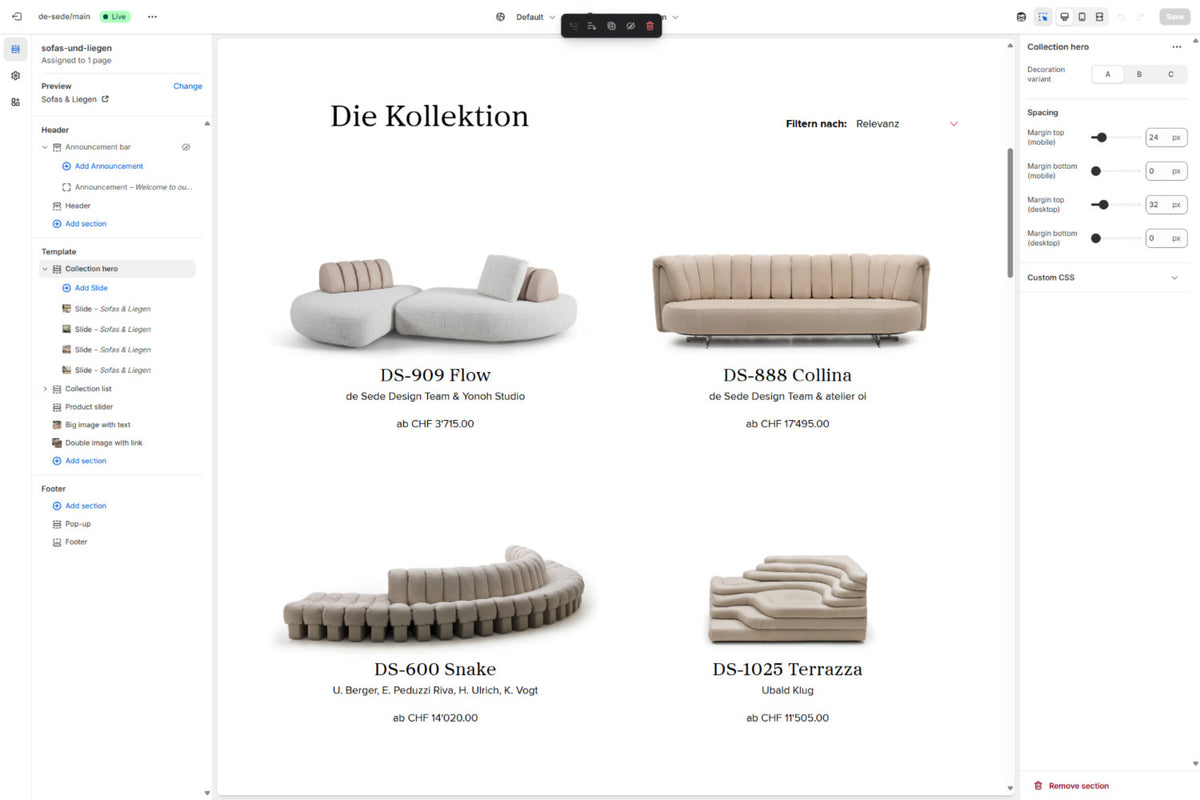 de Sede Shopify Theme Editor mit Kollektionsseite Sofas und Liegen