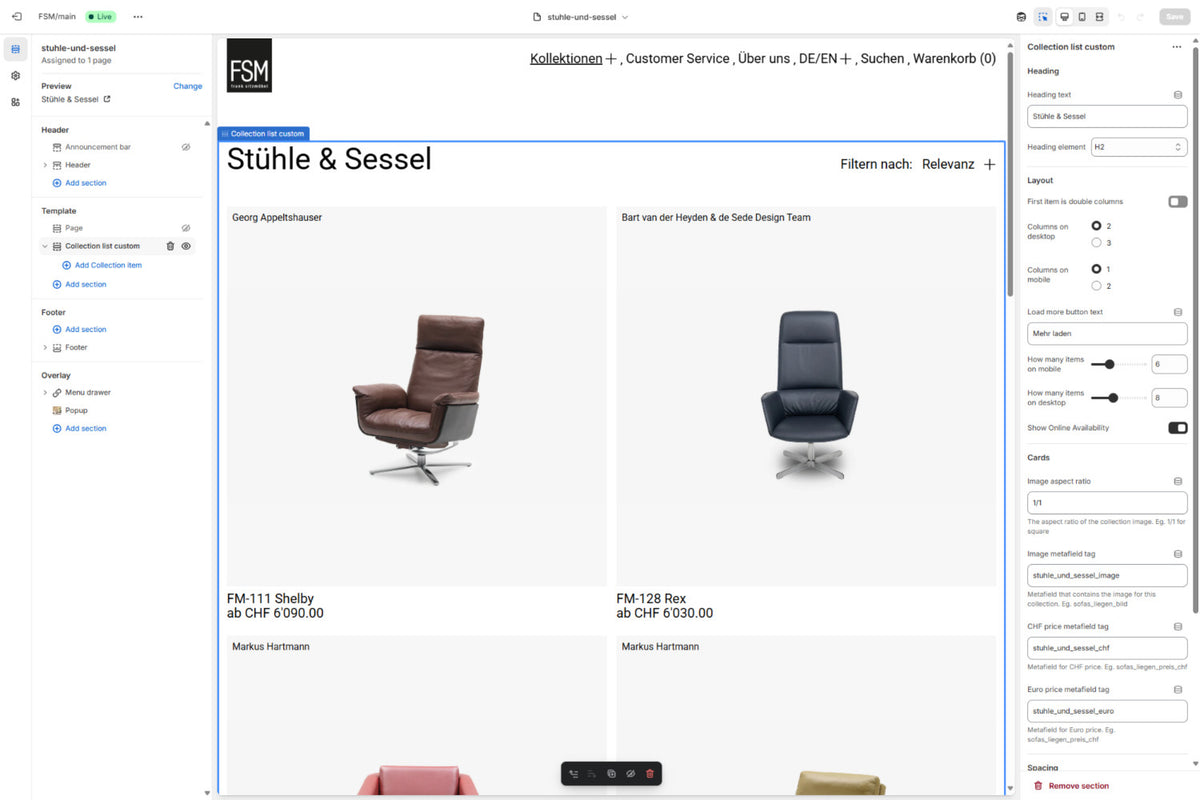 Frank Sitzmöbel FSM Shopify Theme Editor mit Kollektionsseite Stühle und Sessel