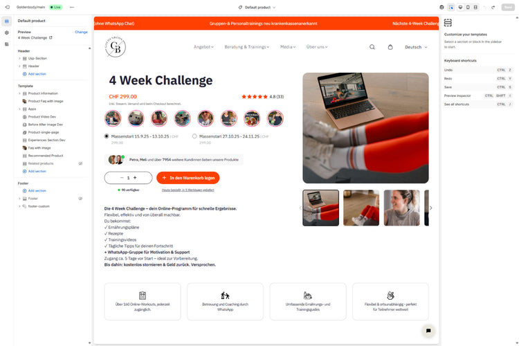 Goldenbody Shopify Theme Editor mit Produktseite 4 Week Challenge
