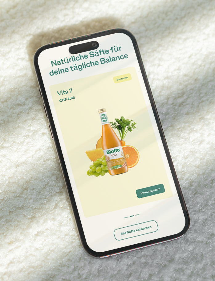 Biotta Onlineshop auf dem Smartphone: Produktslider mit Vita 7 Bio-Saft